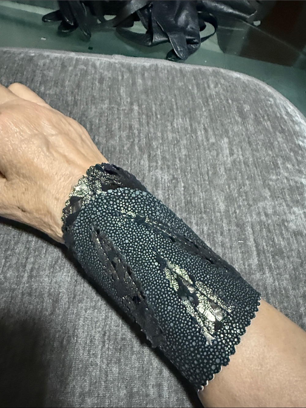 Textured Black ,Dark Blue and Silver Wrist Cuff Hand Crafted.